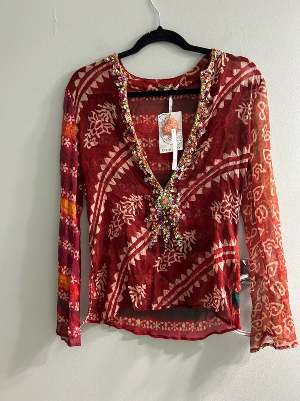 NWT beautiful bohemian 100% silk top bell long sleeve sequin hippie style